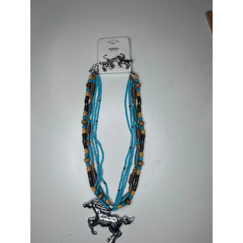 Icon Collection Necklace Earring Set Womens Turquoise Silver Horse Pendant New